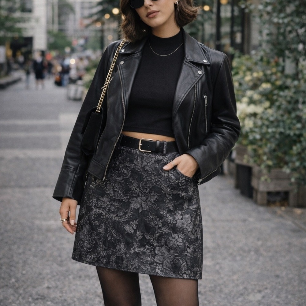 Vintage Black Silver Floral‎ Brocade Leather Skirt Gothic Dark Academia A-Line